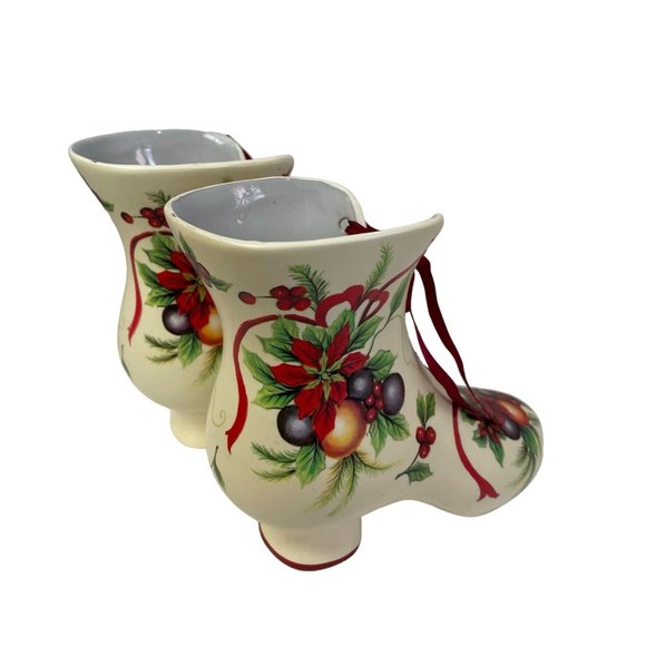 FOLK NORDIC Victorian Christmas Lace Up Floral Holiday Ceramic Boots Decor 6.5" - Picture 3 of 16